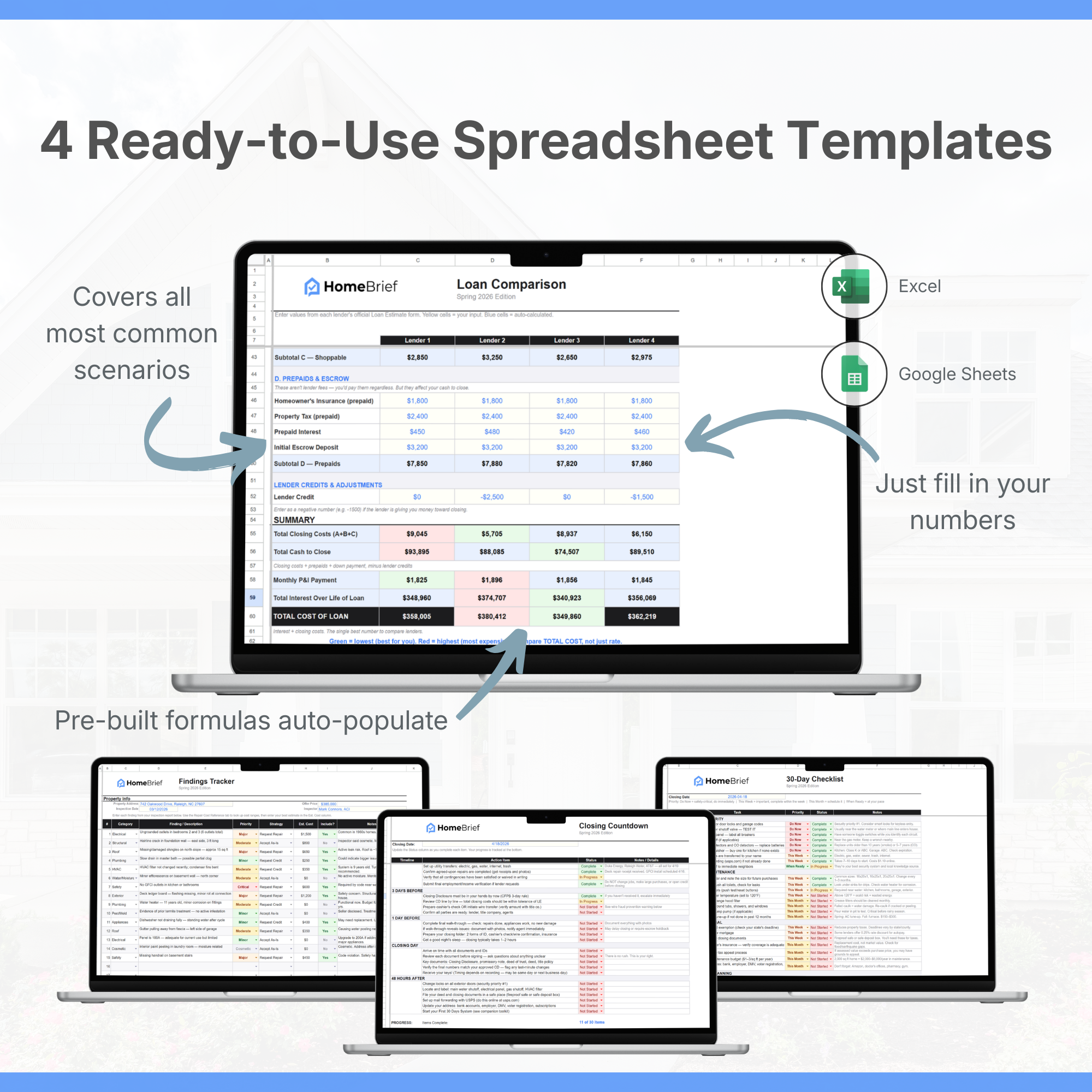 4 ready-to-use spreadsheet templates shown on laptop screens
